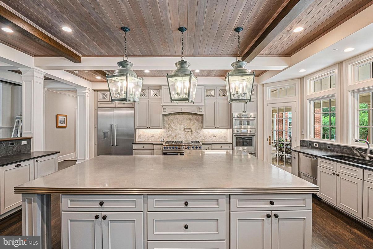 Interior, Kitchen, Pendant Lights, Recessed Lighting, Stainless Steel Appliances, Wooden Ceilings, Wood Texture Flooring