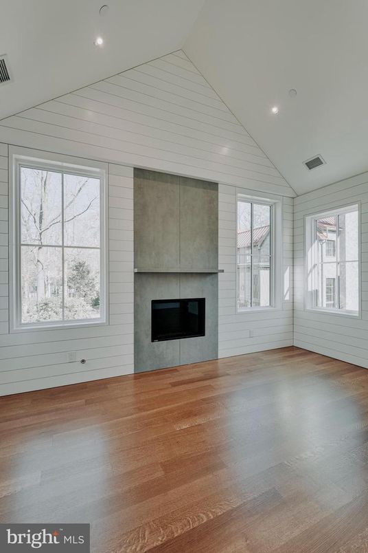 Empty room, Fireplace, Interior, Recessed Lighting, Wood Texture Flooring