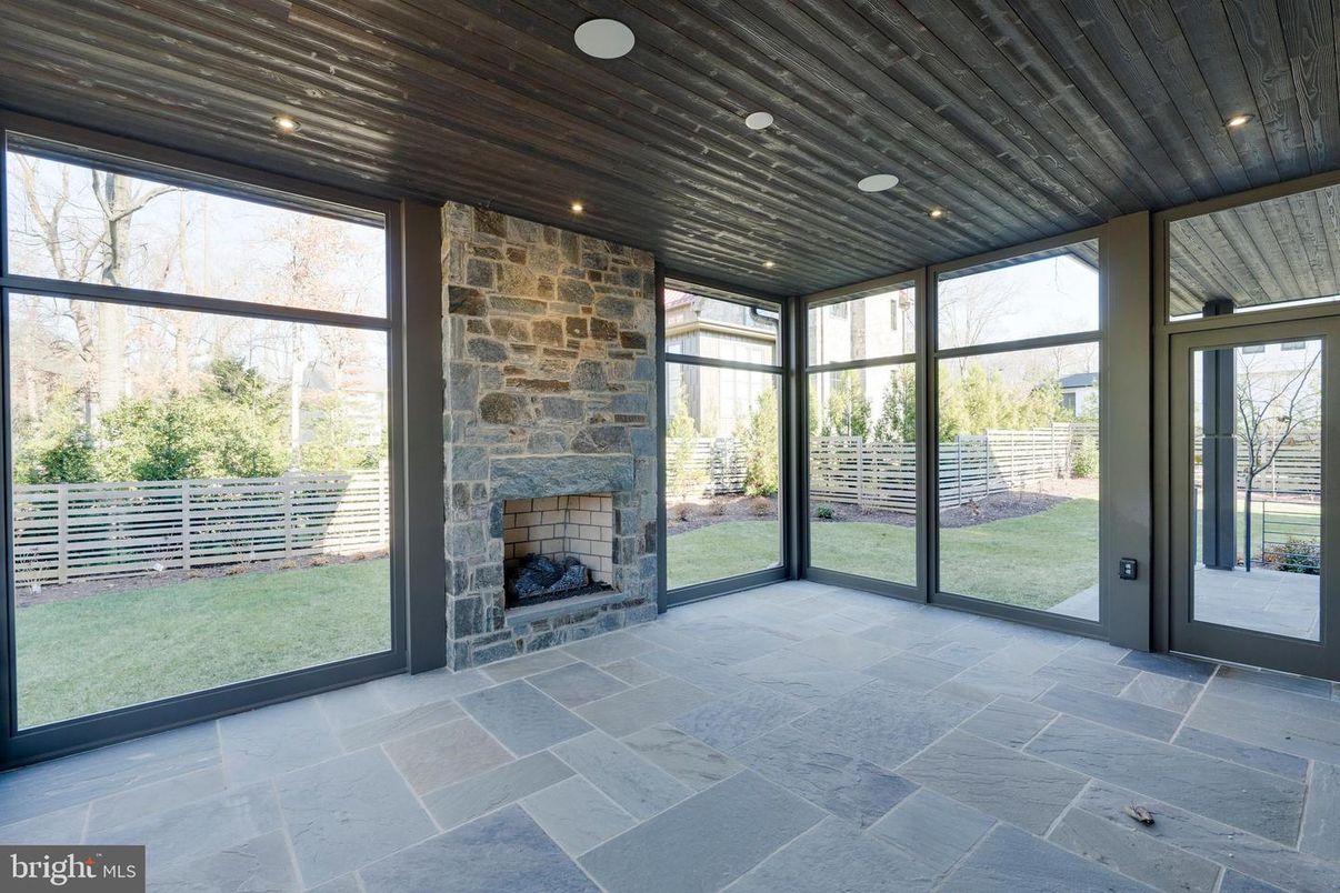 Empty room, Fireplace, Interior, Recessed Lighting, Stone Walls, Sun Room