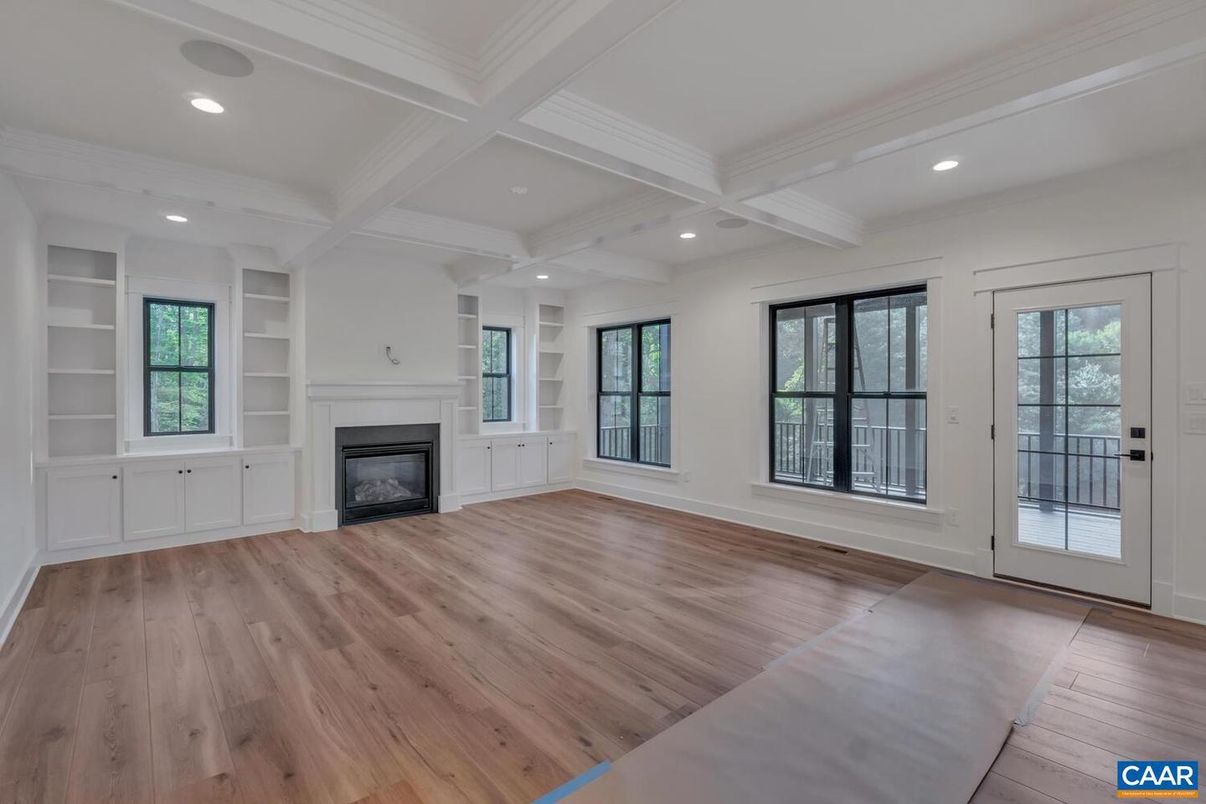 Empty room, Fireplace, Interior, Recessed Lighting, Wood Texture Flooring