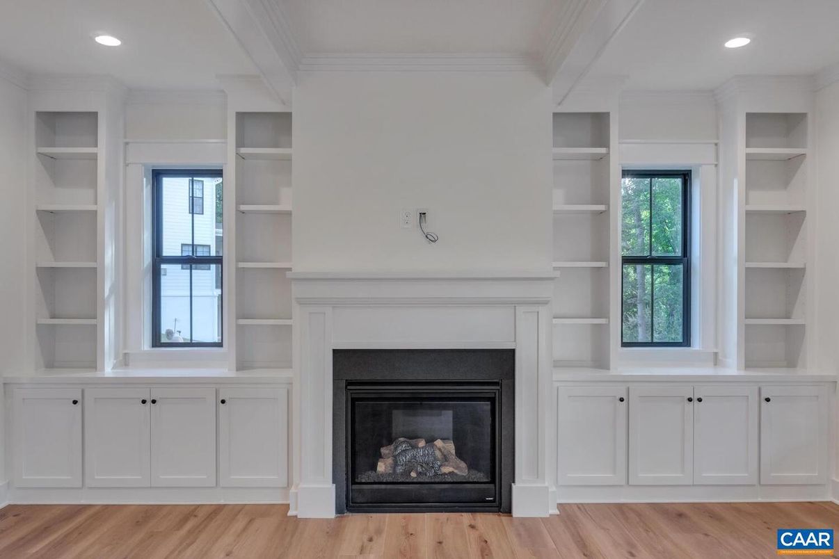 Fireplace, Interior, Recessed Lighting, Wood Texture Flooring
