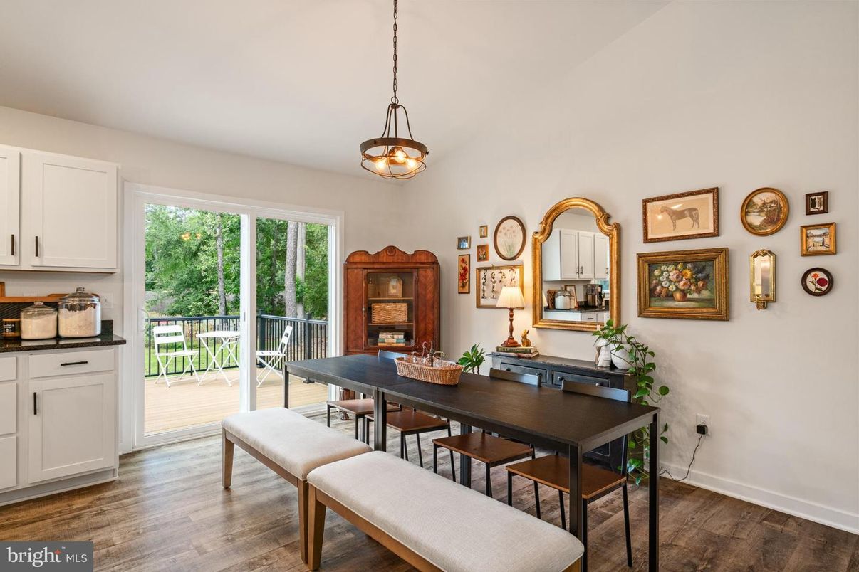 Dining room, Interior, Pendant Lights, Wood Texture Flooring