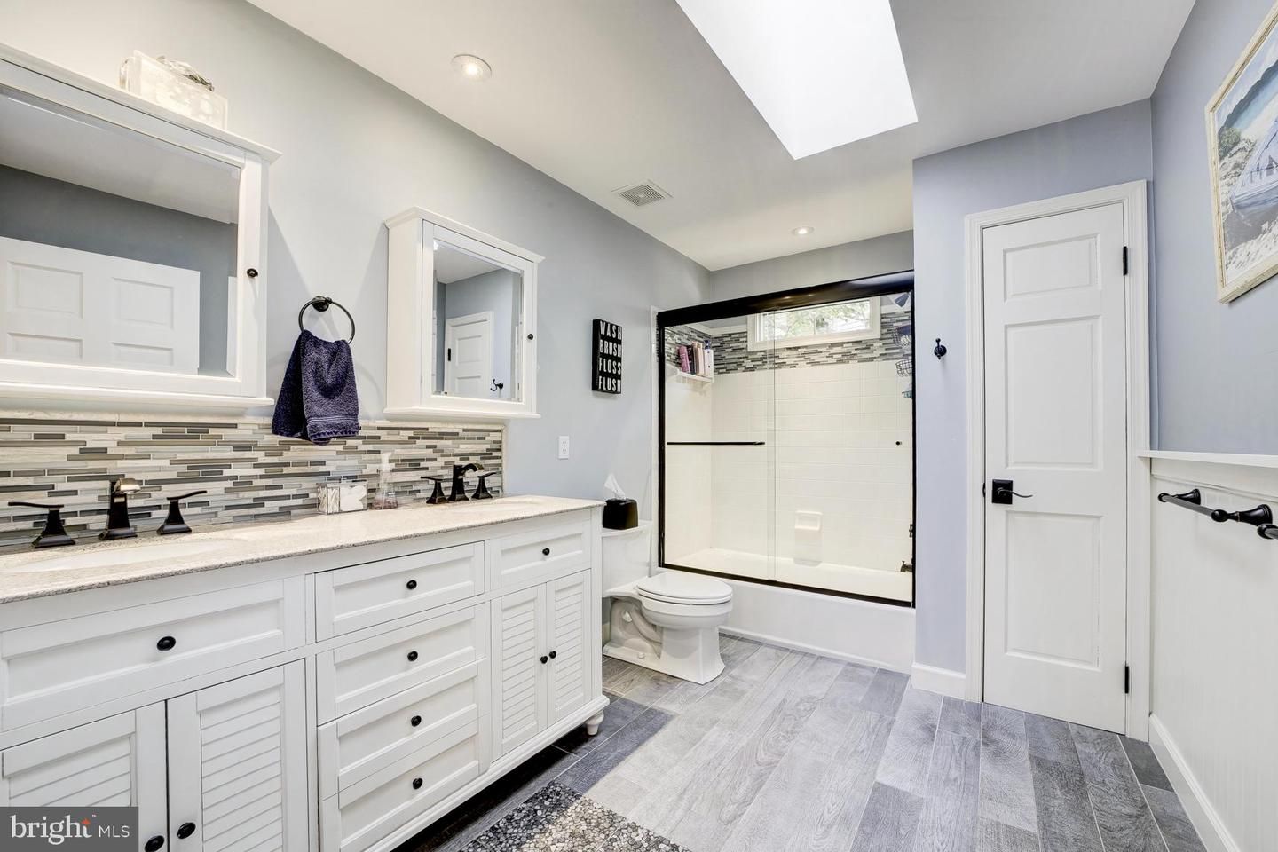 Bathroom, Glass Shower, Interior, Recessed Lighting, Wood Texture Flooring