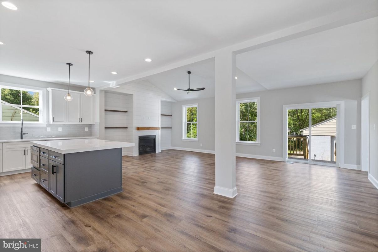 Empty room, Interior, Kitchen, Pendant Lights, Recessed Lighting, Wood Texture Flooring