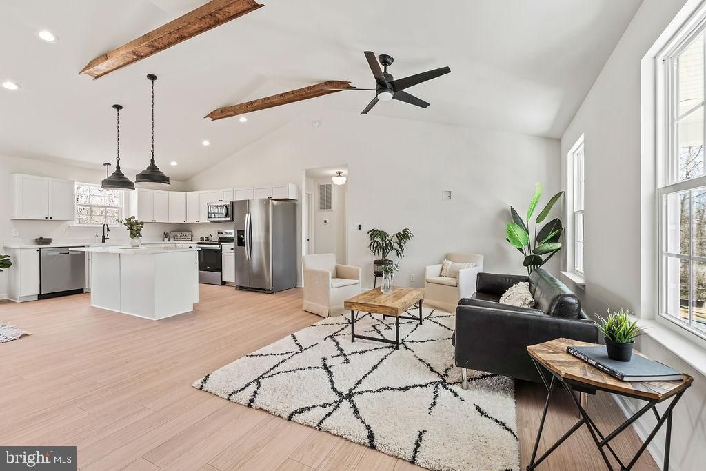 Interior, Kitchen, Living room, Pendant Lights, Recessed Lighting, Stainless Steel Appliances, Wooden Beams, Wood Texture Flooring