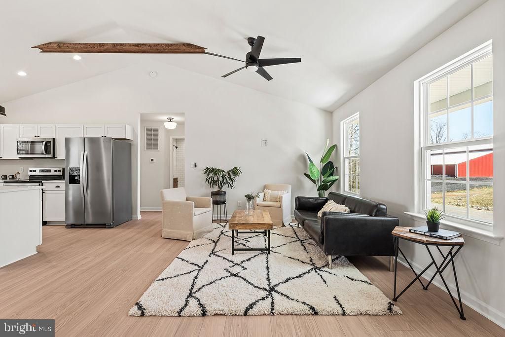 Interior, Kitchen, Living room, Recessed Lighting, Stainless Steel Appliances, Wooden Beams, Wood Texture Flooring