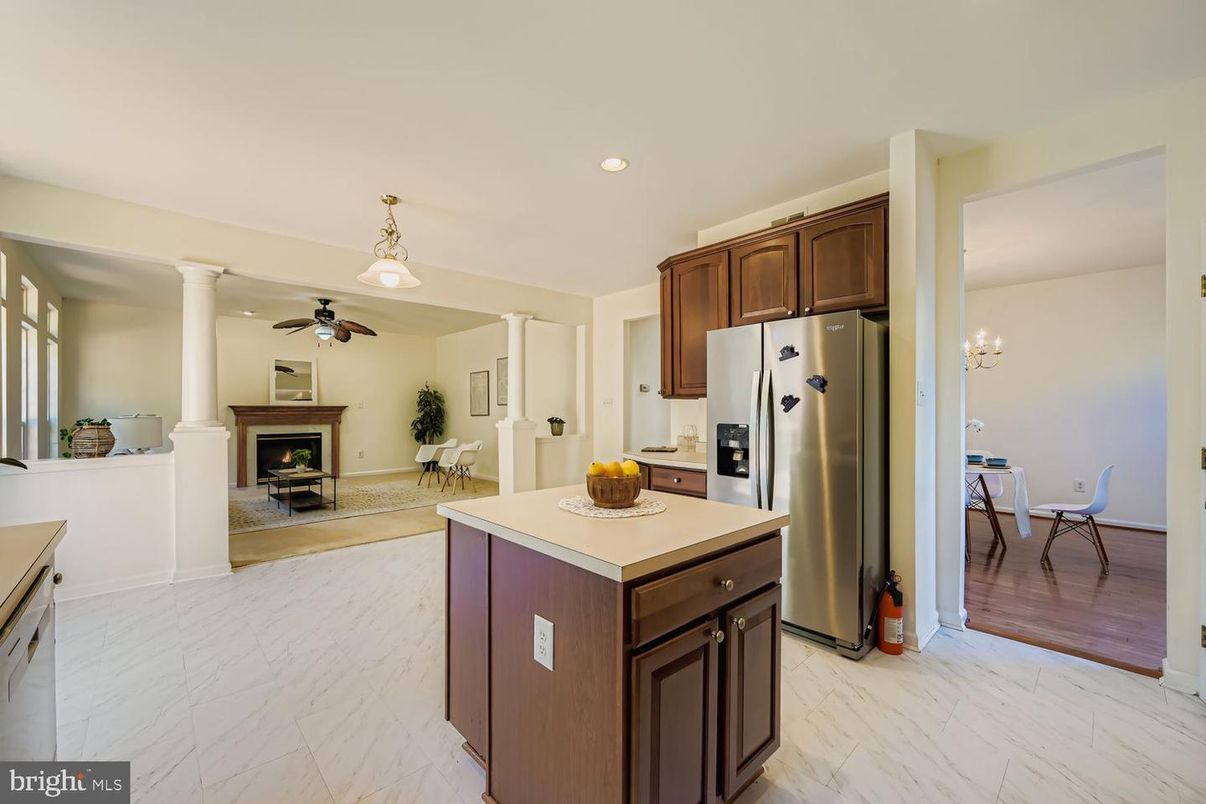 Chandelier, Dining room, Fireplace, Interior, Kitchen, Living room, Marble, Recessed Lighting