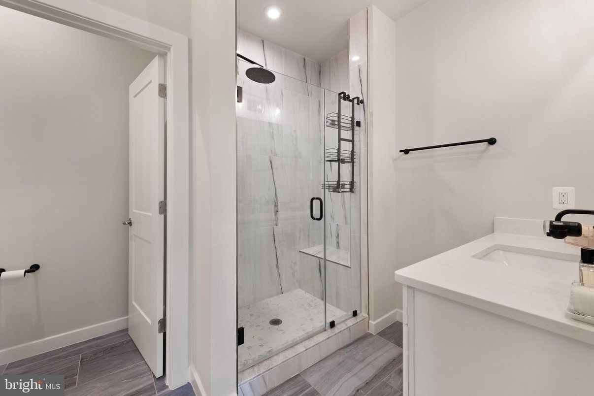 Bathroom, Glass Shower, Interior, Recessed Lighting, Wood Texture Flooring