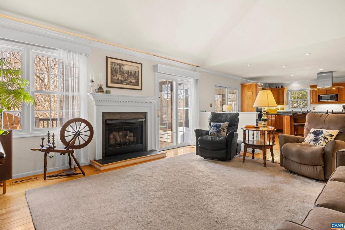 Fireplace, Interior, Kitchen, Living room, Pendant Lights, Recessed Lighting, Wood Texture Flooring