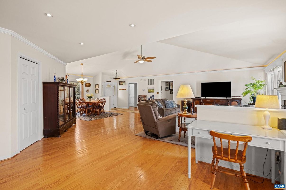 Chandelier, Dining room, Fireplace, Interior, Living room, Recessed Lighting, Wood Texture Flooring