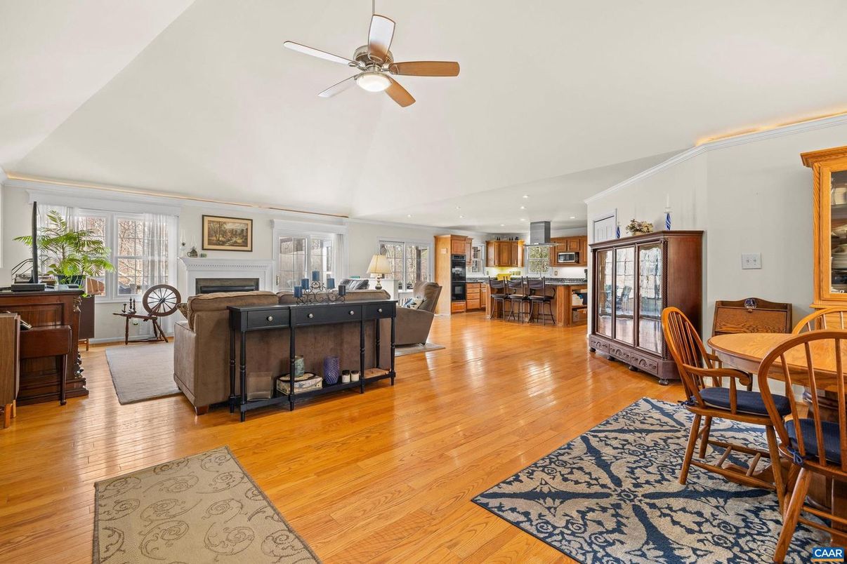 Fireplace, Interior, Kitchen, Living room, Recessed Lighting, Wood Texture Flooring