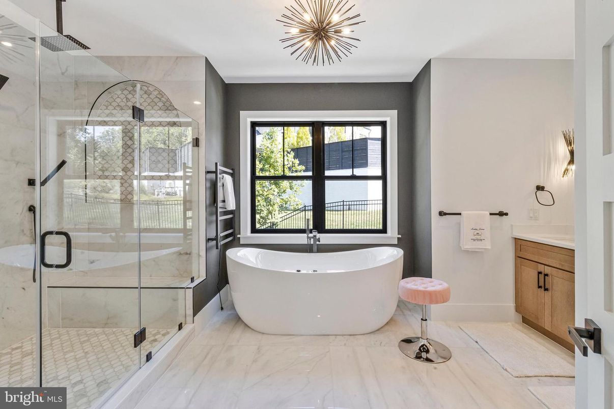 Bathroom, Free Standing Baths, Glass Shower, Interior, Marble, Marble Walls, Pendant Lights