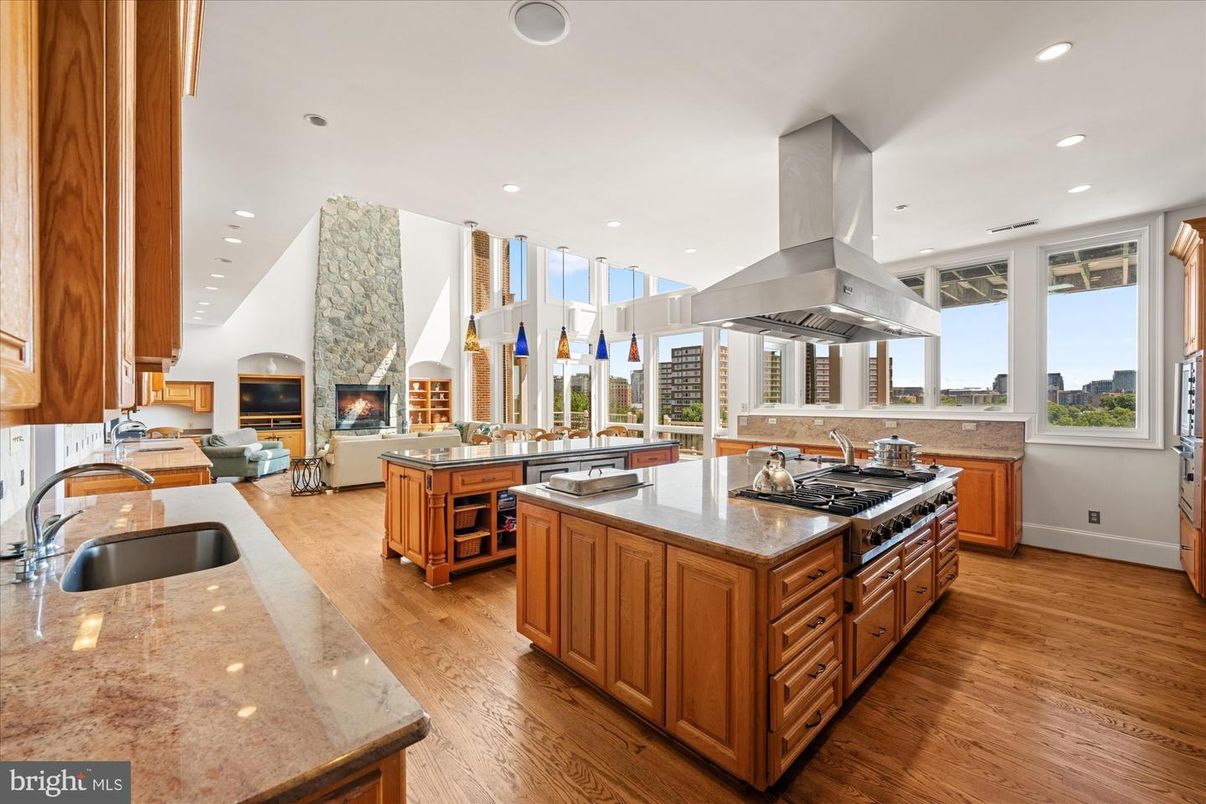 Fireplace, Interior, Kitchen, Recessed Lighting, Stainless Steel Appliances, Wood Texture Flooring