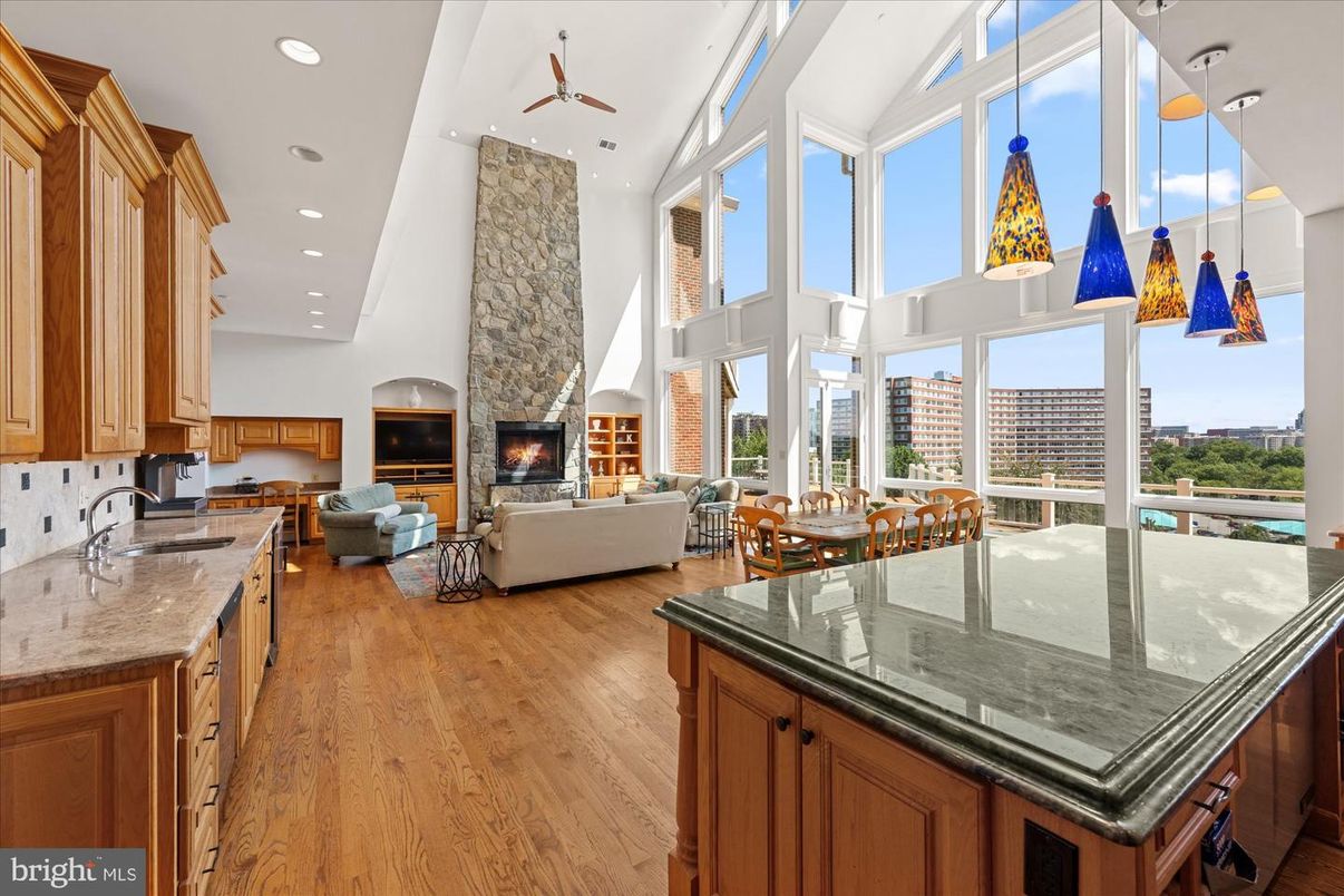 Fireplace, Interior, Kitchen, Living room, Pendant Lights, Recessed Lighting, Wood Texture Flooring