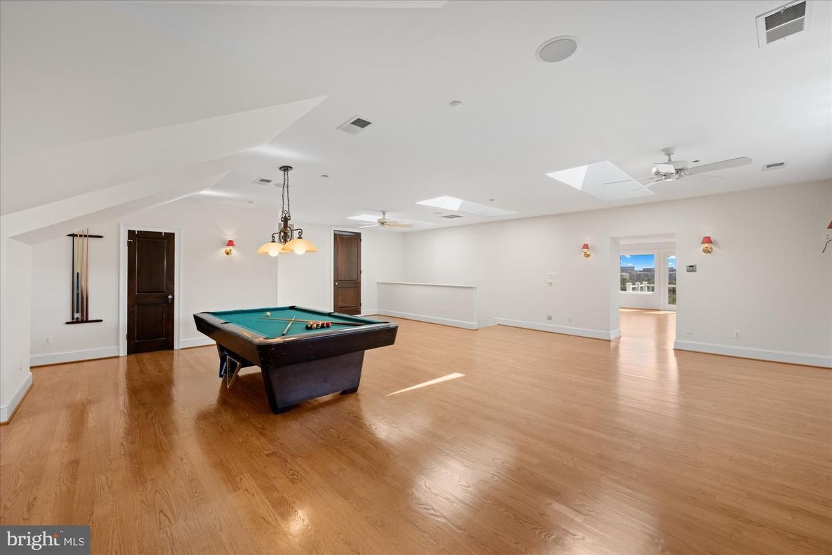 Billiard Table, Game Room, Interior, Pendant Lights, Wood Texture Flooring