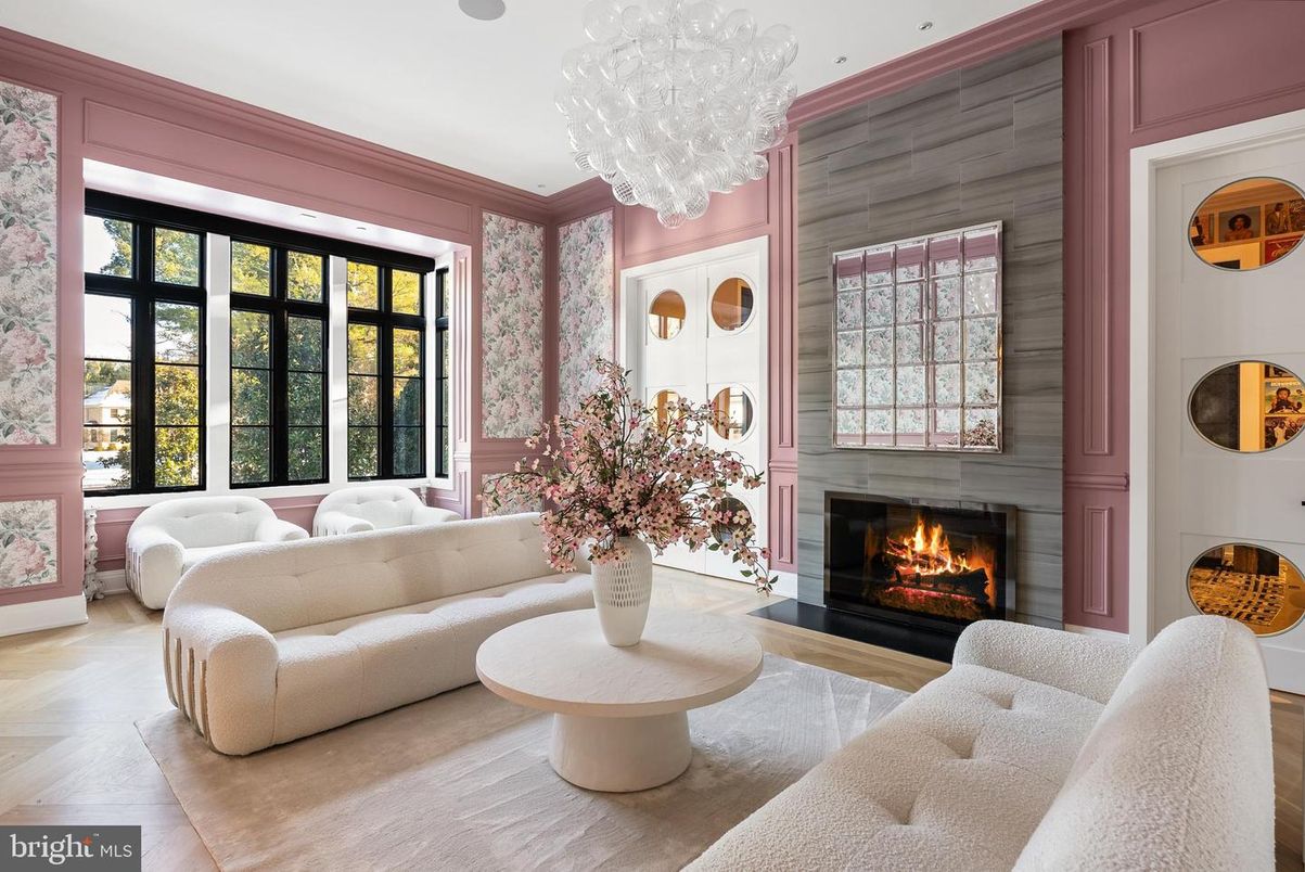 Chandelier, Fireplace, Interior, Living room, Recessed Lighting, Wood Texture Flooring, Wooden Walls