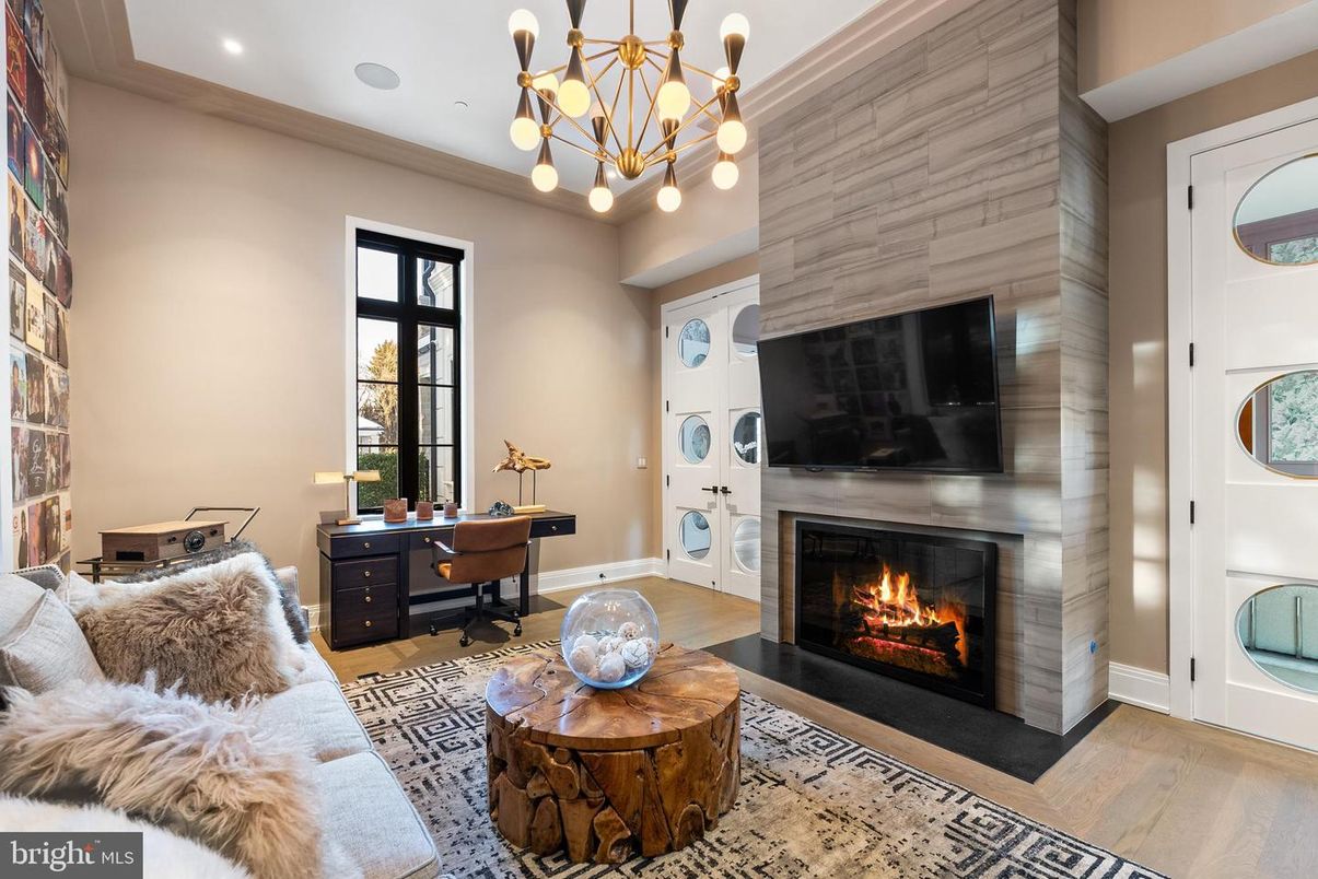 Fireplace, Home Office, Interior, Pendant Lights, Recessed Lighting, Wood Texture Flooring