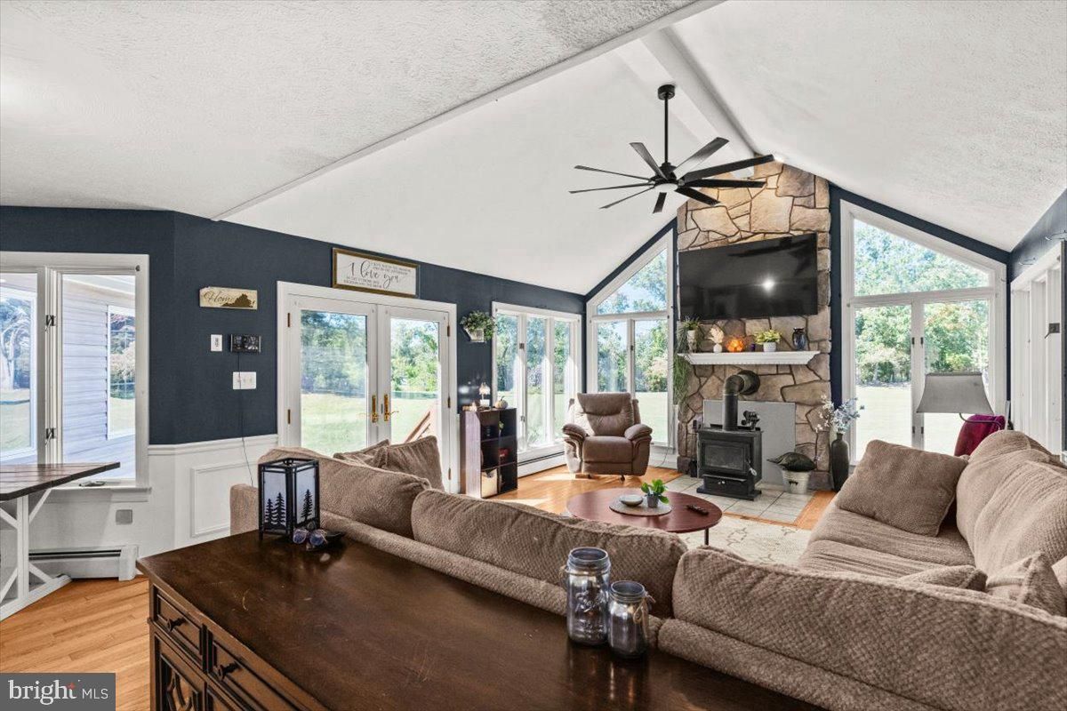 Fireplace, Interior, Living room, Stone Walls, Wood Texture Flooring