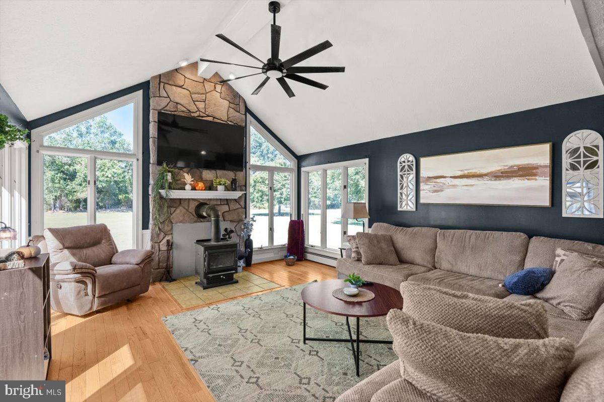 Fireplace, Interior, Living room, Stone Walls, Wood Texture Flooring