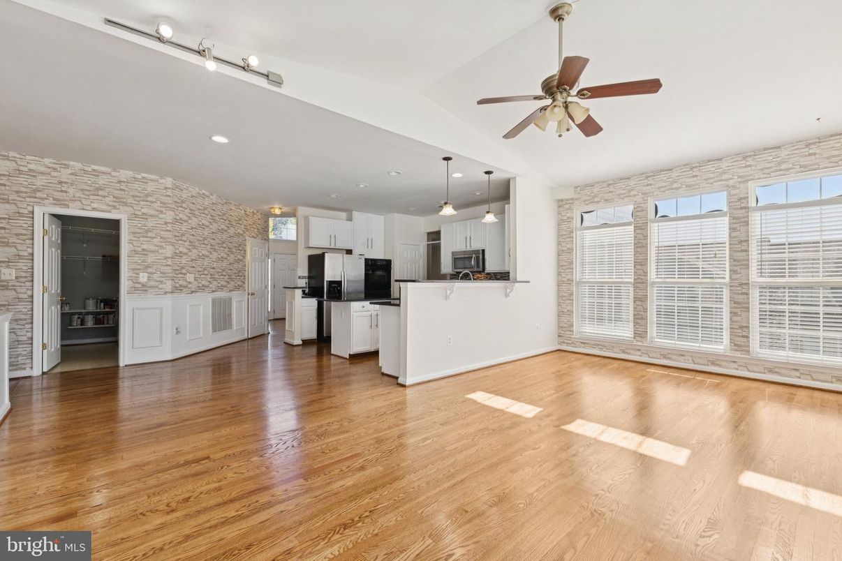 Empty room, Interior, Kitchen, Pendant Lights, Recessed Lighting, Wood Texture Flooring