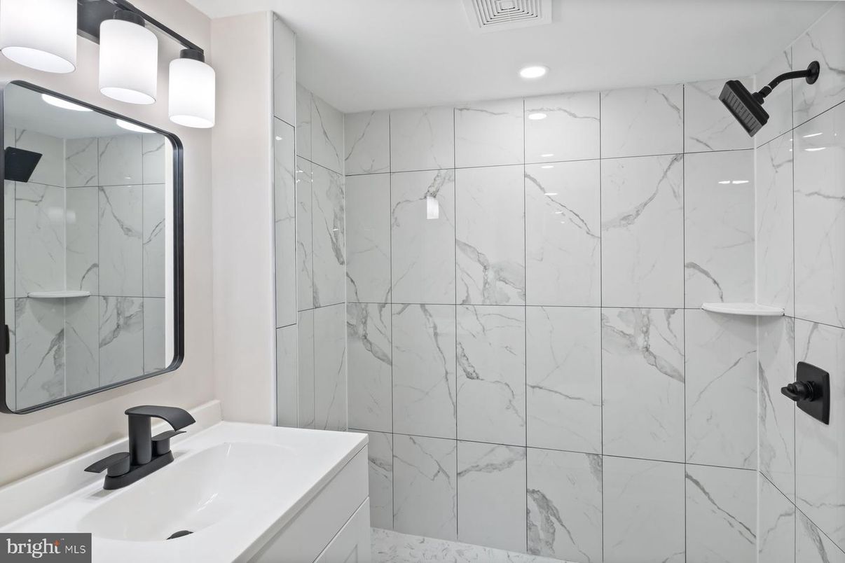 Bathroom, Glass Shower, Interior, Marble Walls, Recessed Lighting