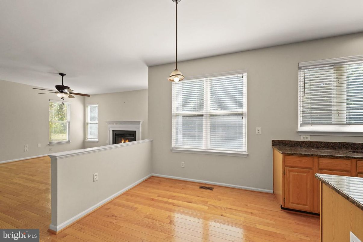 Empty room, Fireplace, Interior, Pendant Lights, Wood Texture Flooring