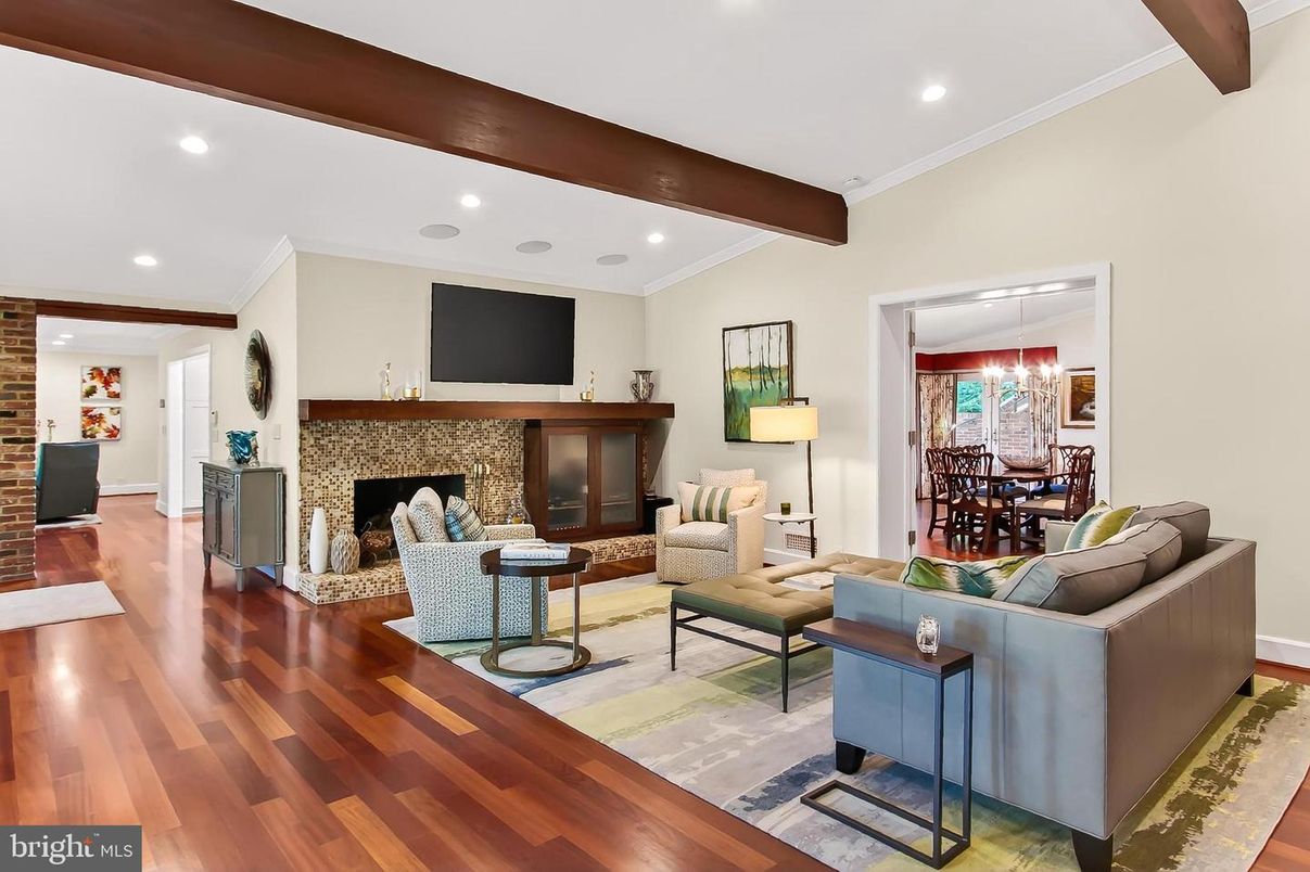 Chandelier, Dining room, Fireplace, Interior, Living room, Recessed Lighting, Wooden Beams, Wood Texture Flooring
