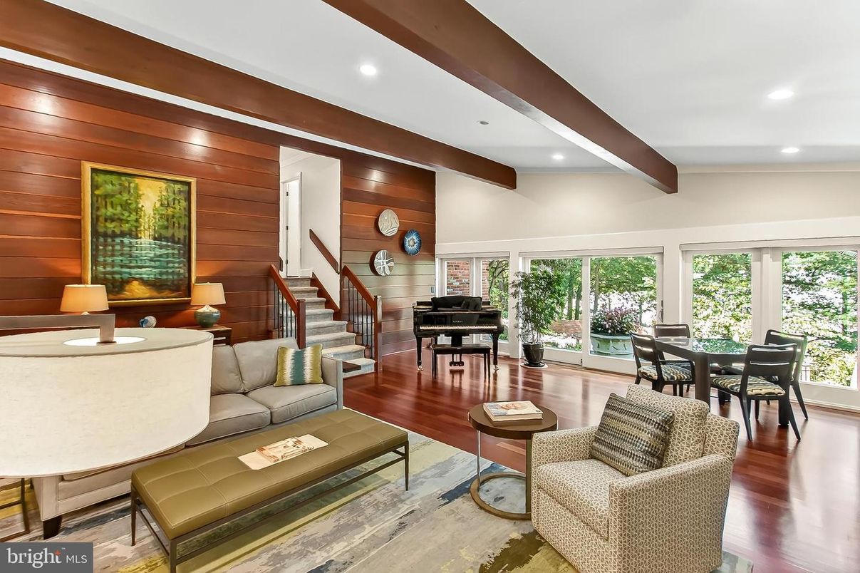 Dining room, Interior, Living room, Piano, Recessed Lighting, Wooden Beams, Wood Texture Flooring, Wooden Walls