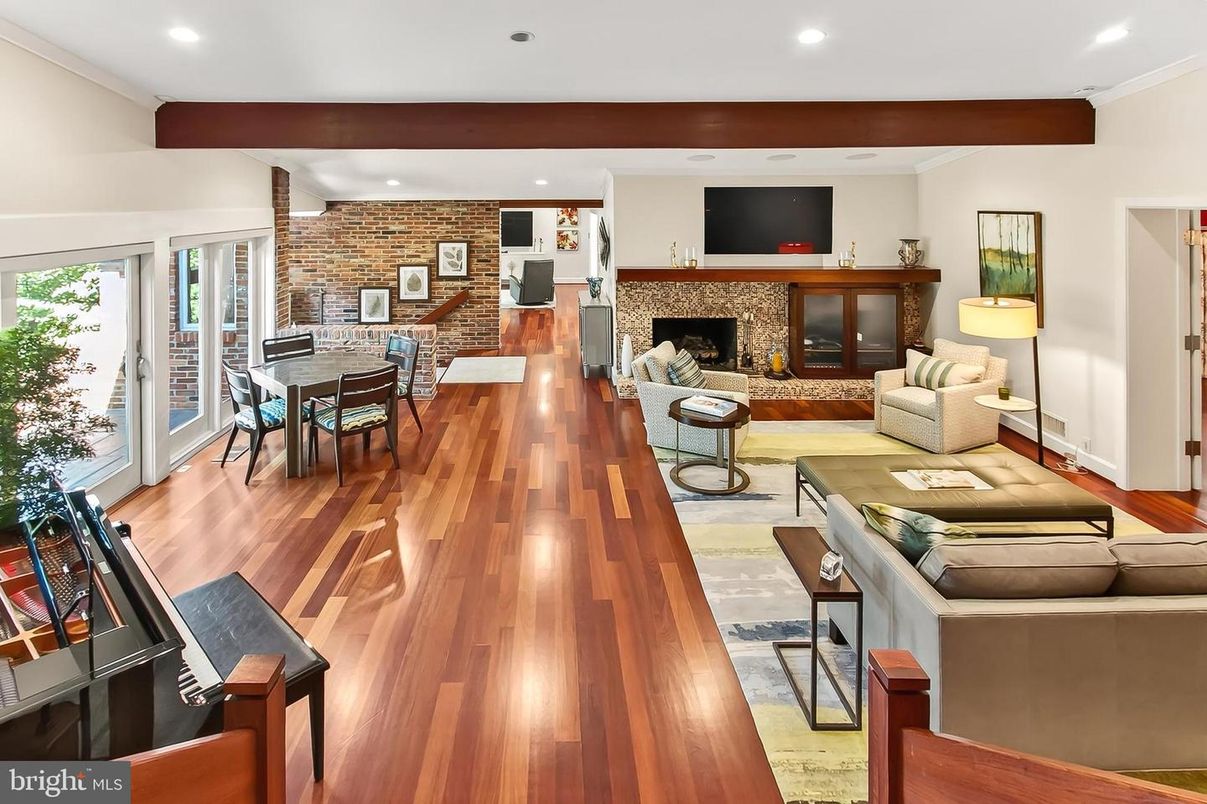 Dining room, Fireplace, Interior, Living room, Piano, Recessed Lighting, Stone Walls, Wooden Beams, Wood Texture Flooring