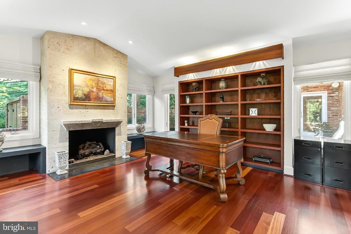 Fireplace, Home Office, Interior, Recessed Lighting, Wood Texture Flooring