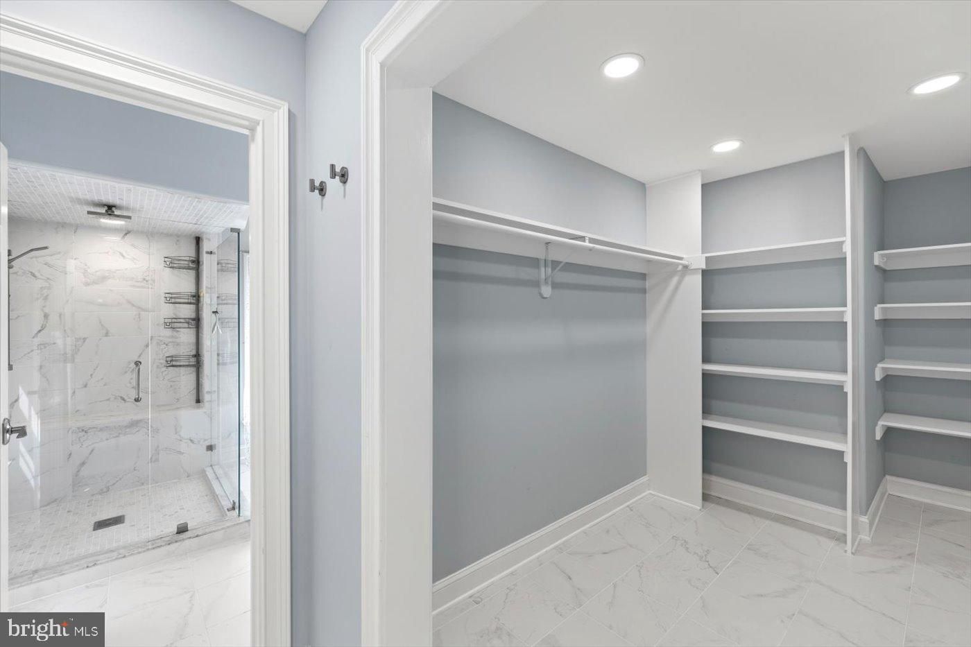 Bathroom, Glass Shower, Interior, Marble, Marble Walls, Recessed Lighting, Walk-in Closets