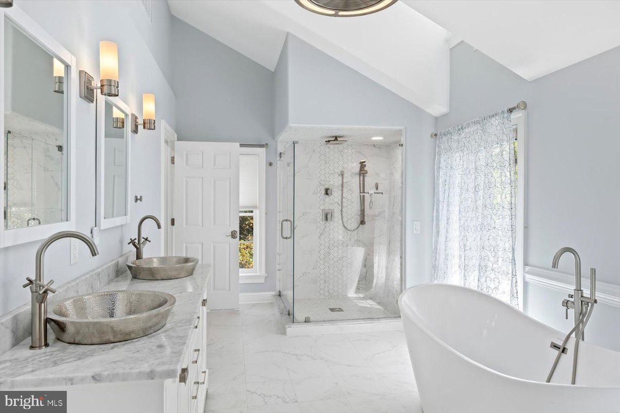 Bathroom, Dual Sink Vanities, Free Standing Baths, Glass Shower, Interior, Marble, Marble Walls, Recessed Lighting