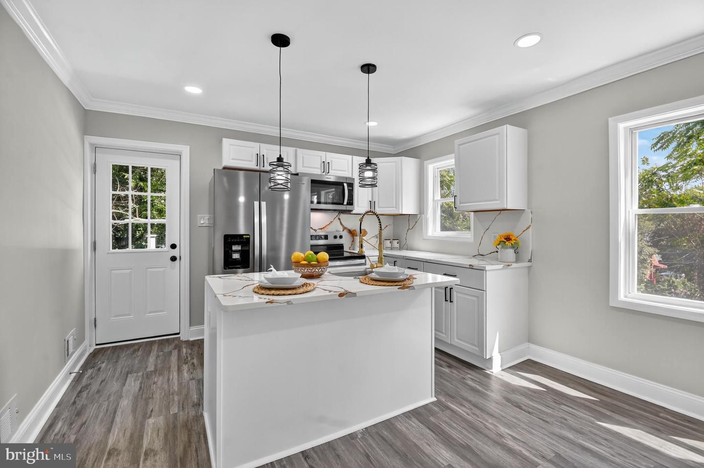 Interior, Kitchen, Pendant Lights, Recessed Lighting, Stainless Steel Appliances, Wood Texture Flooring
