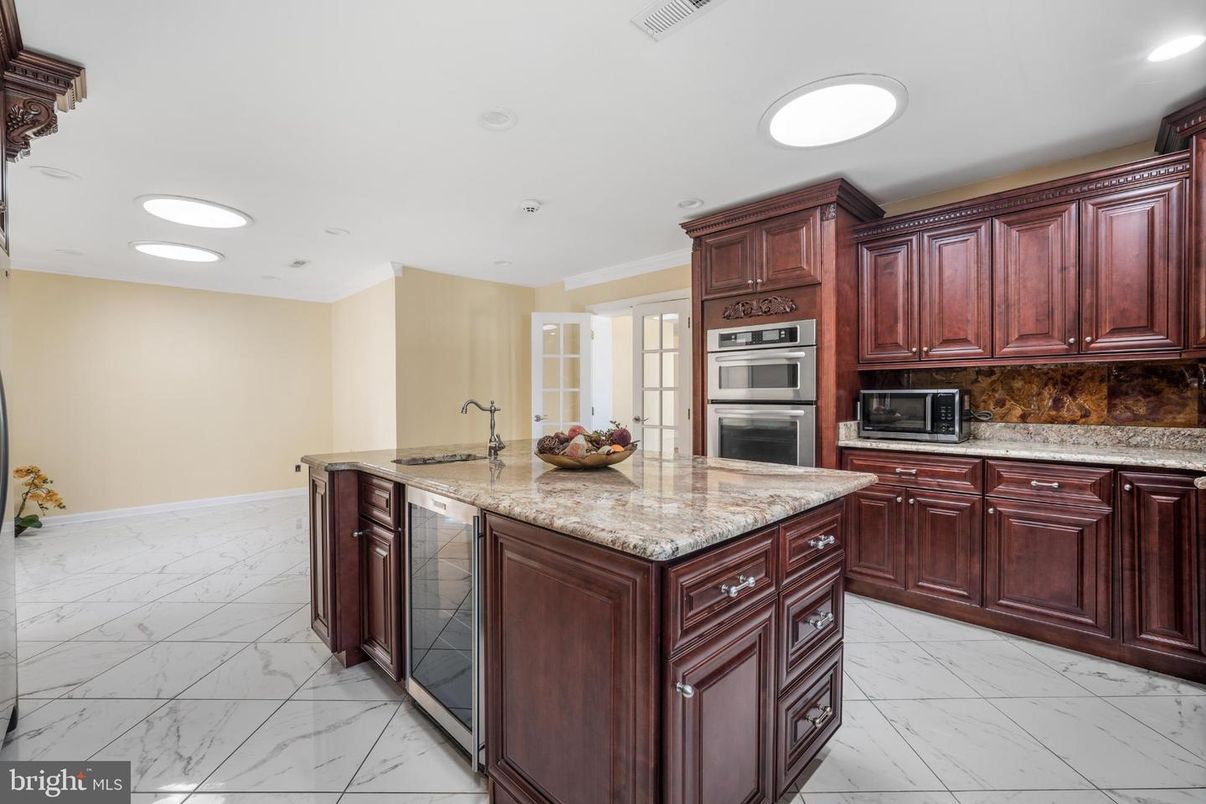Interior, Kitchen, Marble, Recessed Lighting, Stainless Steel Appliances