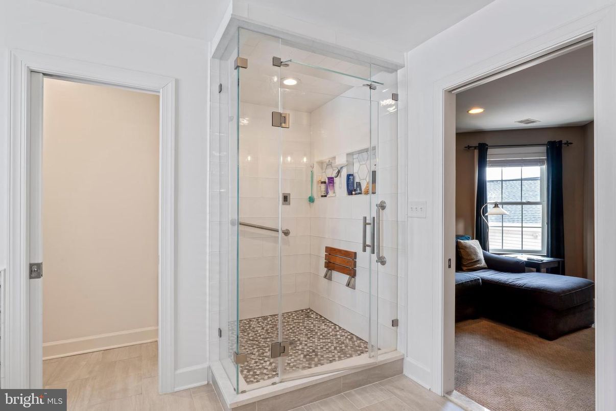 Bathroom, Bedroom, Glass Shower, Interior, Recessed Lighting, Wood Texture Flooring