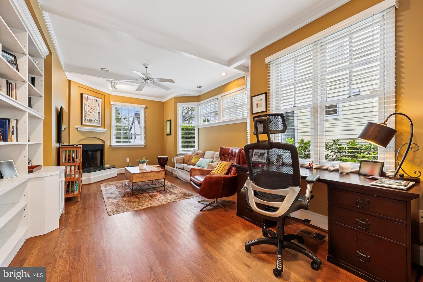 Fireplace, Home Office, Interior, Living room, Recessed Lighting, Wood Texture Flooring