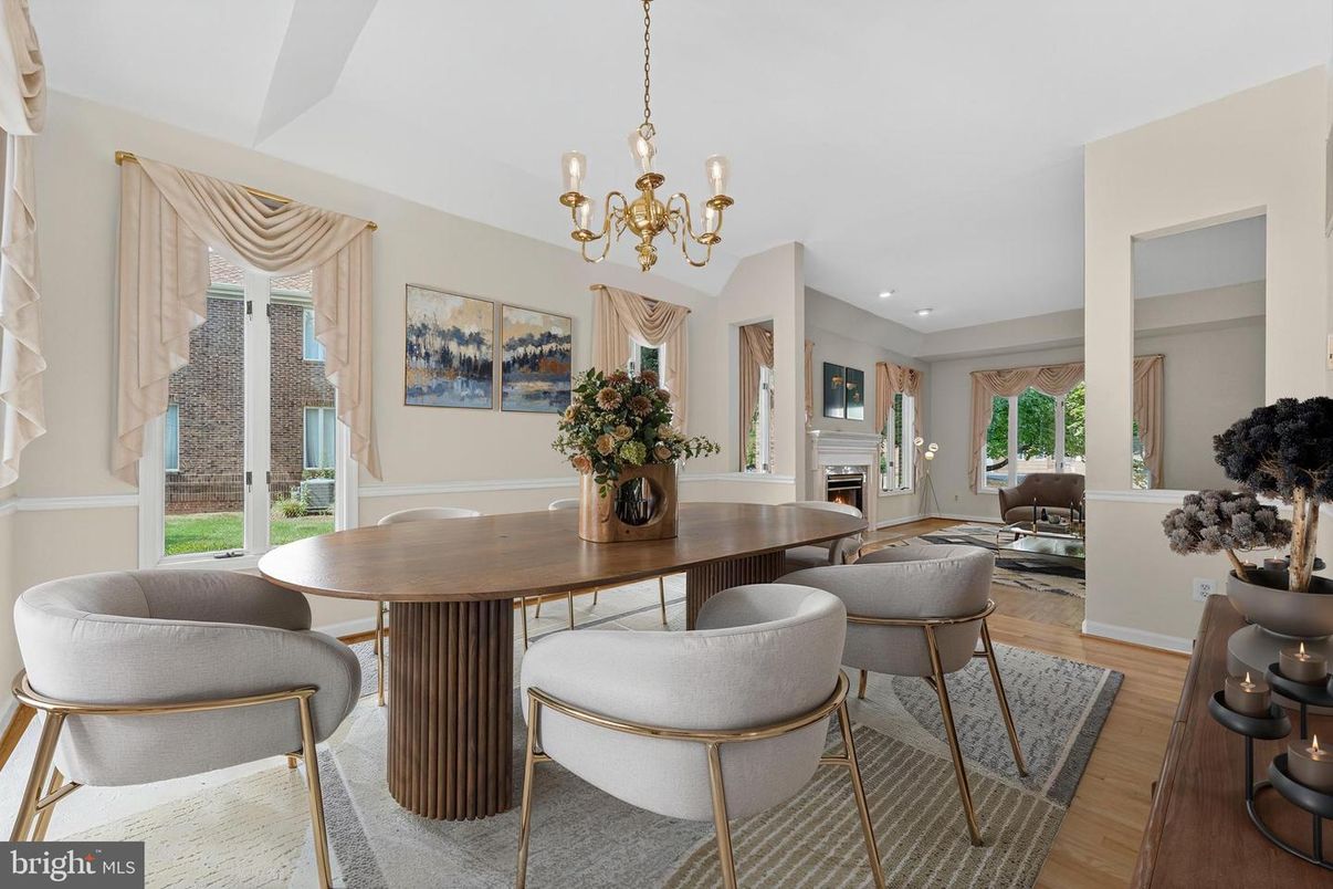 Chandelier, Dining room, Fireplace, Interior, Living room, Recessed Lighting, Wood Texture Flooring