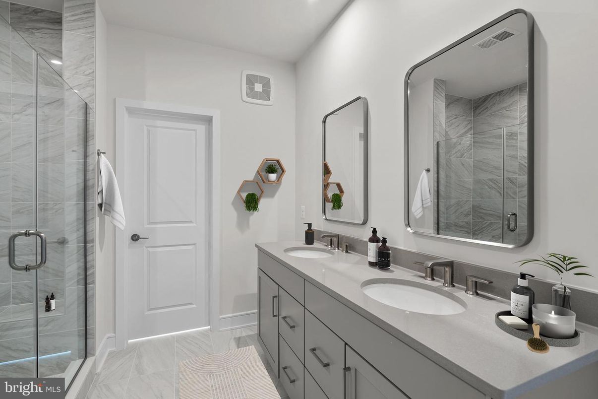 Bathroom, Dual Sink Vanities, Glass Shower, Interior, Marble Walls