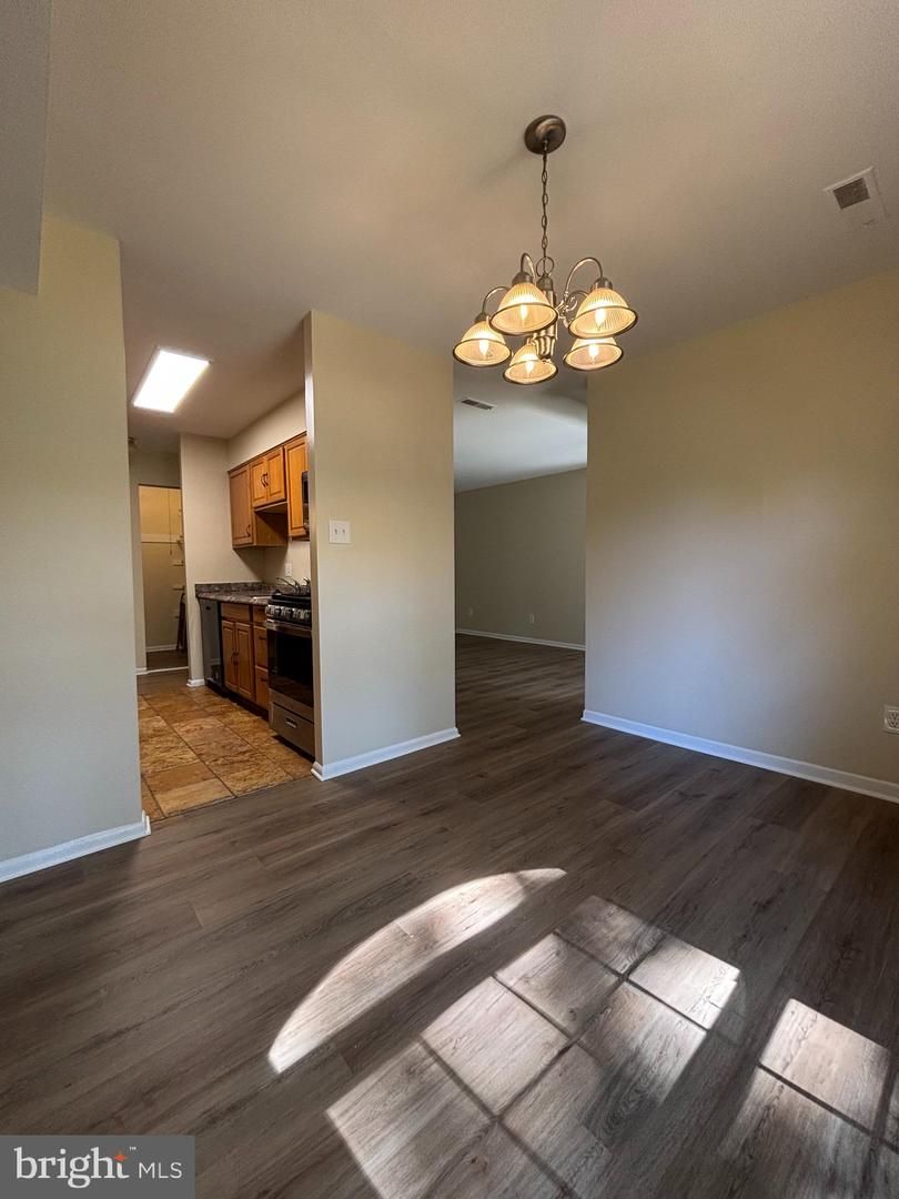 Chandelier, Empty room, Interior, Kitchen, Pendant Lights, Wood Texture Flooring
