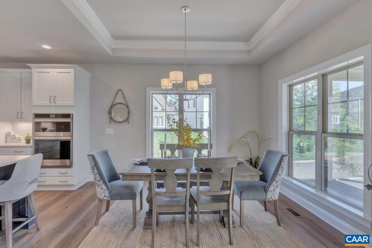 Chandelier, Dining room, Interior, Pendant Lights, Recessed Lighting, Wood Texture Flooring