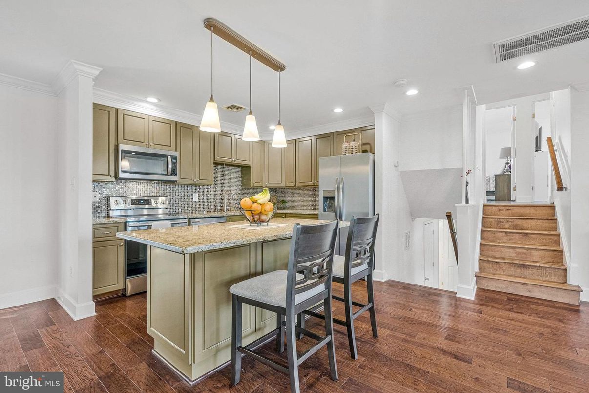 Interior, Kitchen, Pendant Lights, Recessed Lighting, Stainless Steel Appliances, Wood Texture Flooring