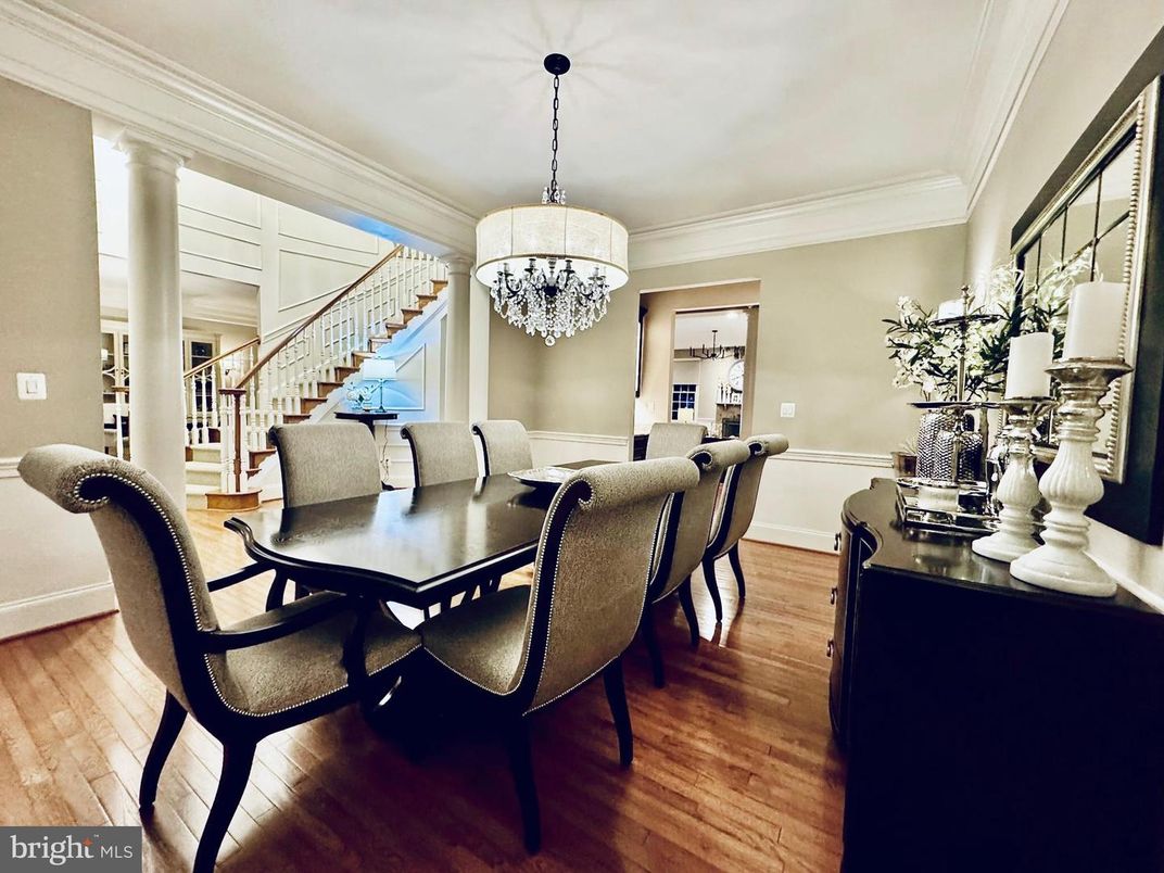 Chandelier, Dining room, Interior, Wood Texture Flooring