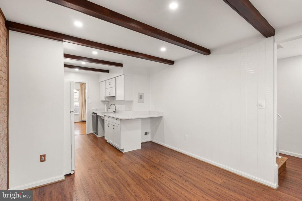 Empty room, Interior, Kitchen, Recessed Lighting, Wooden Beams, Wood Texture Flooring