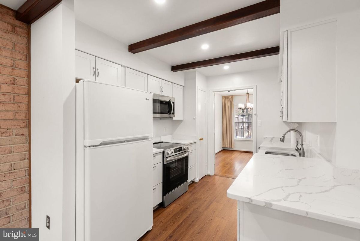 Interior, Kitchen, Recessed Lighting, Stainless Steel Appliances, Stone Walls, Wooden Beams, Wood Texture Flooring