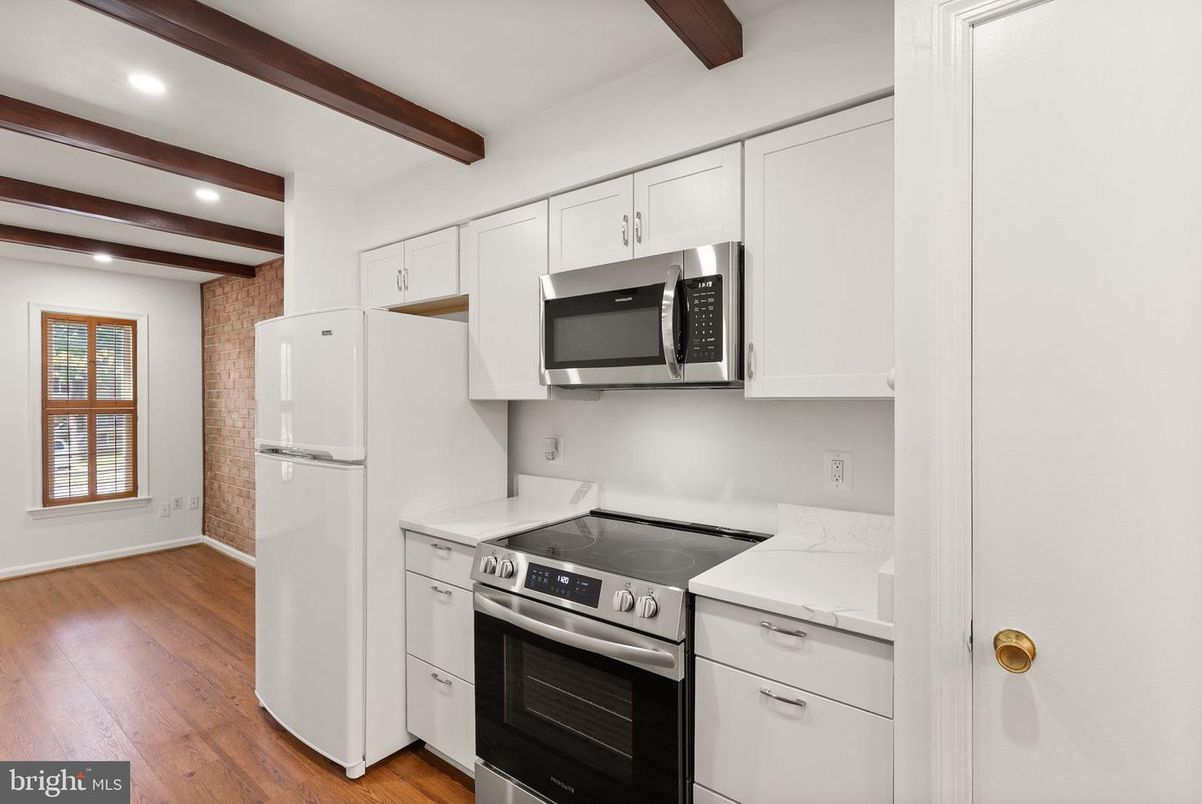 Interior, Kitchen, Recessed Lighting, Stainless Steel Appliances, Wooden Beams, Wood Texture Flooring