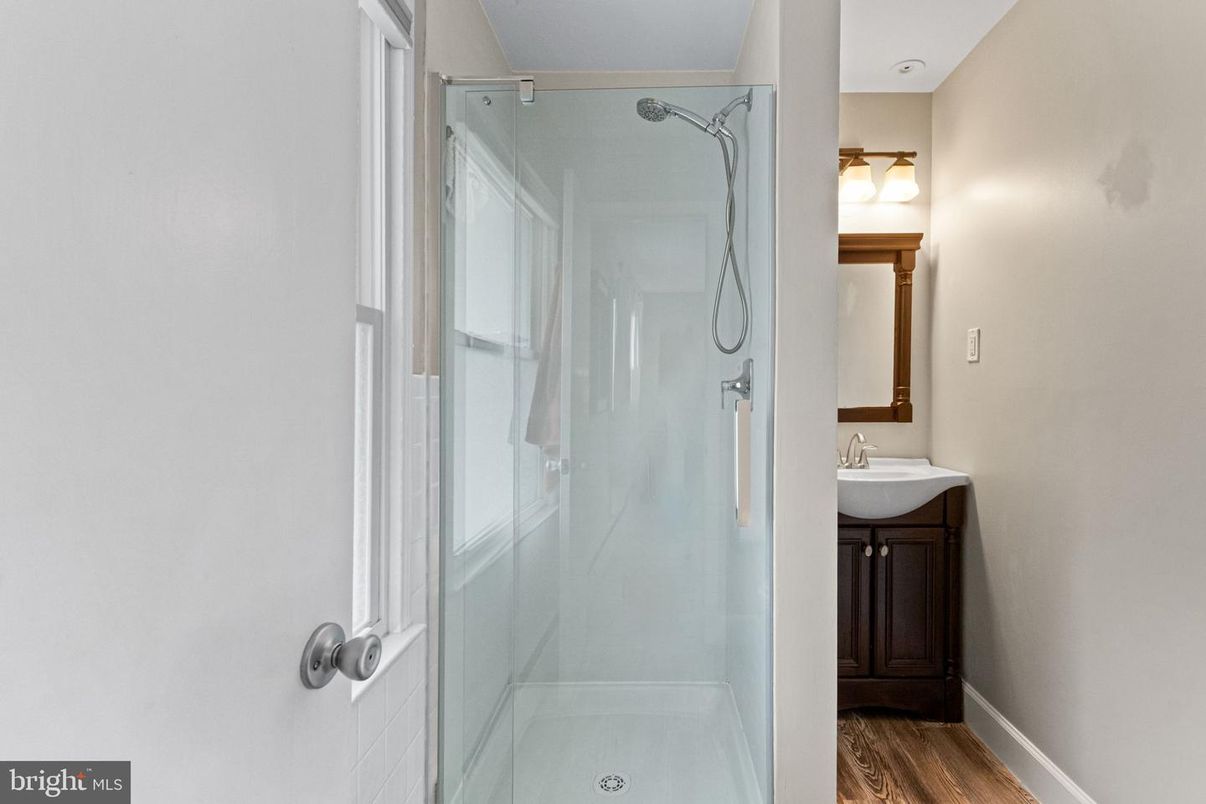 Bathroom, Glass Shower, Interior, Wood Texture Flooring