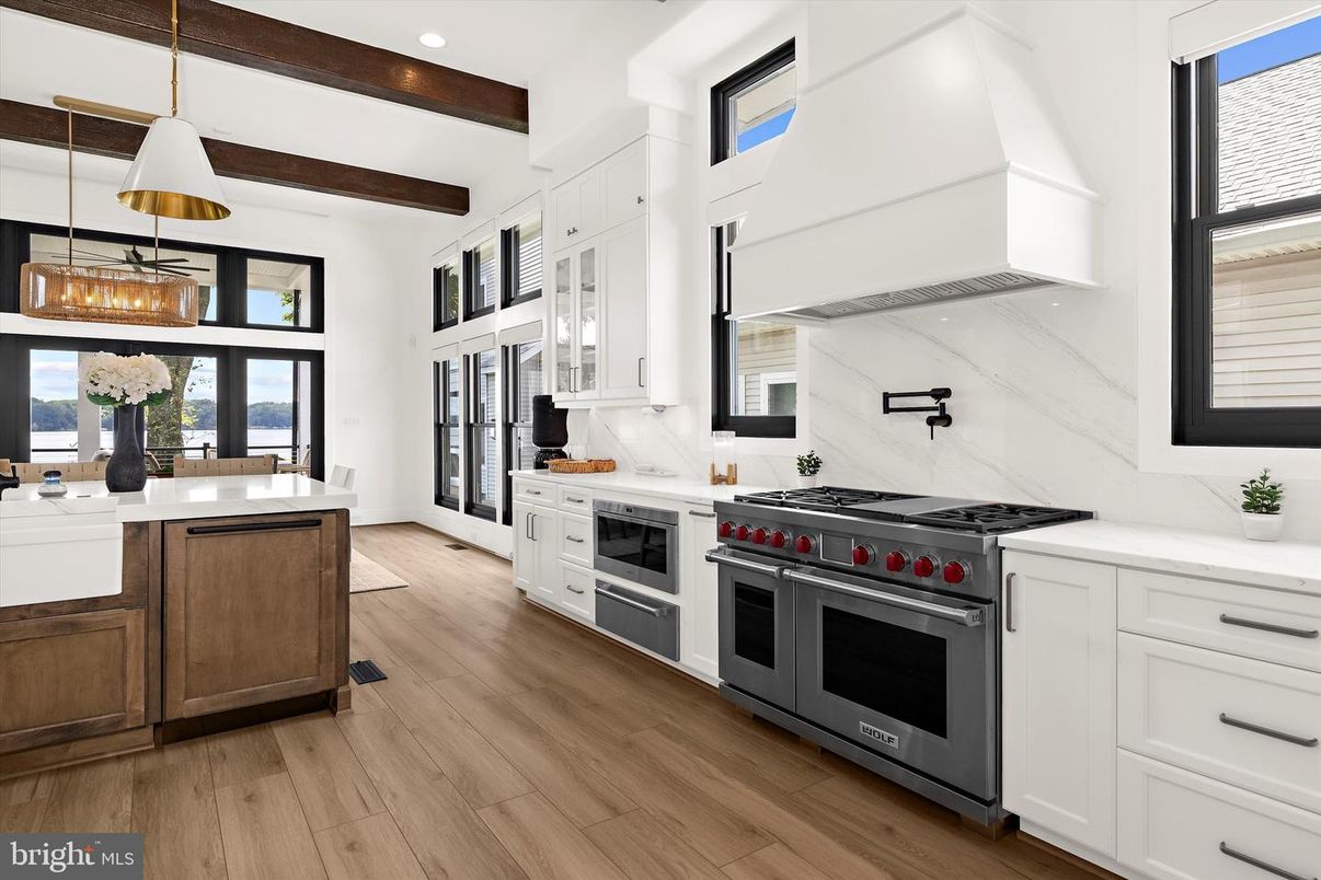 Interior, Kitchen, Pendant Lights, Recessed Lighting, Stainless Steel Appliances, Wooden Beams, Wood Texture Flooring