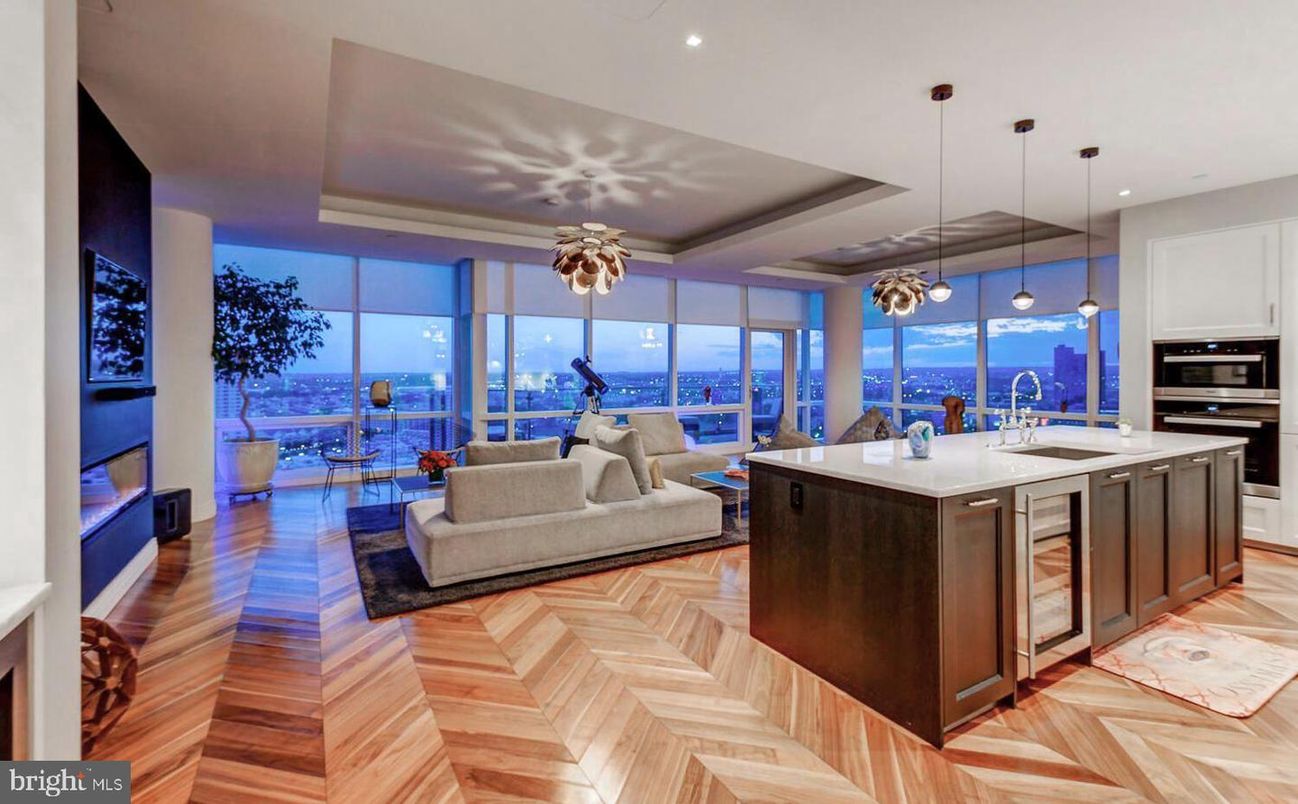 Dining room, Interior, Kitchen, Living room, Pendant Lights, Recessed Lighting, Stainless Steel Appliances, Water, Wood Texture Flooring