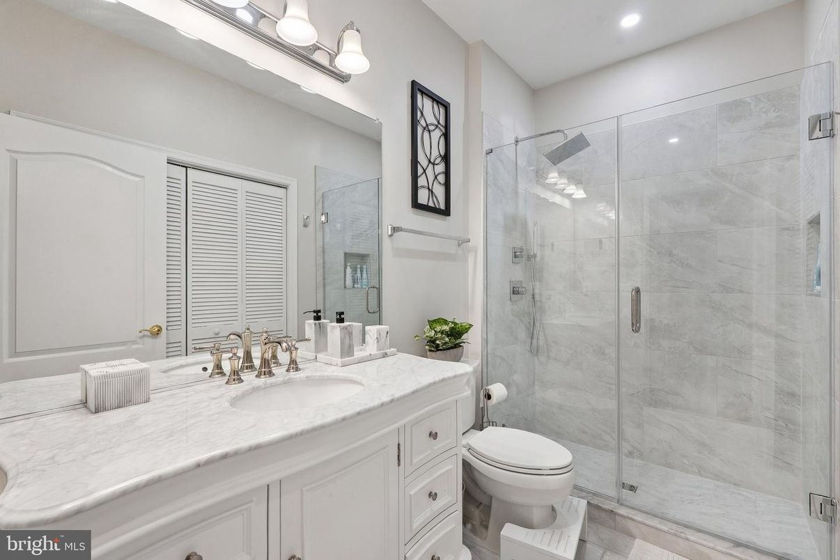 Bathroom, Glass Shower, Interior, Marble, Marble Walls, Recessed Lighting