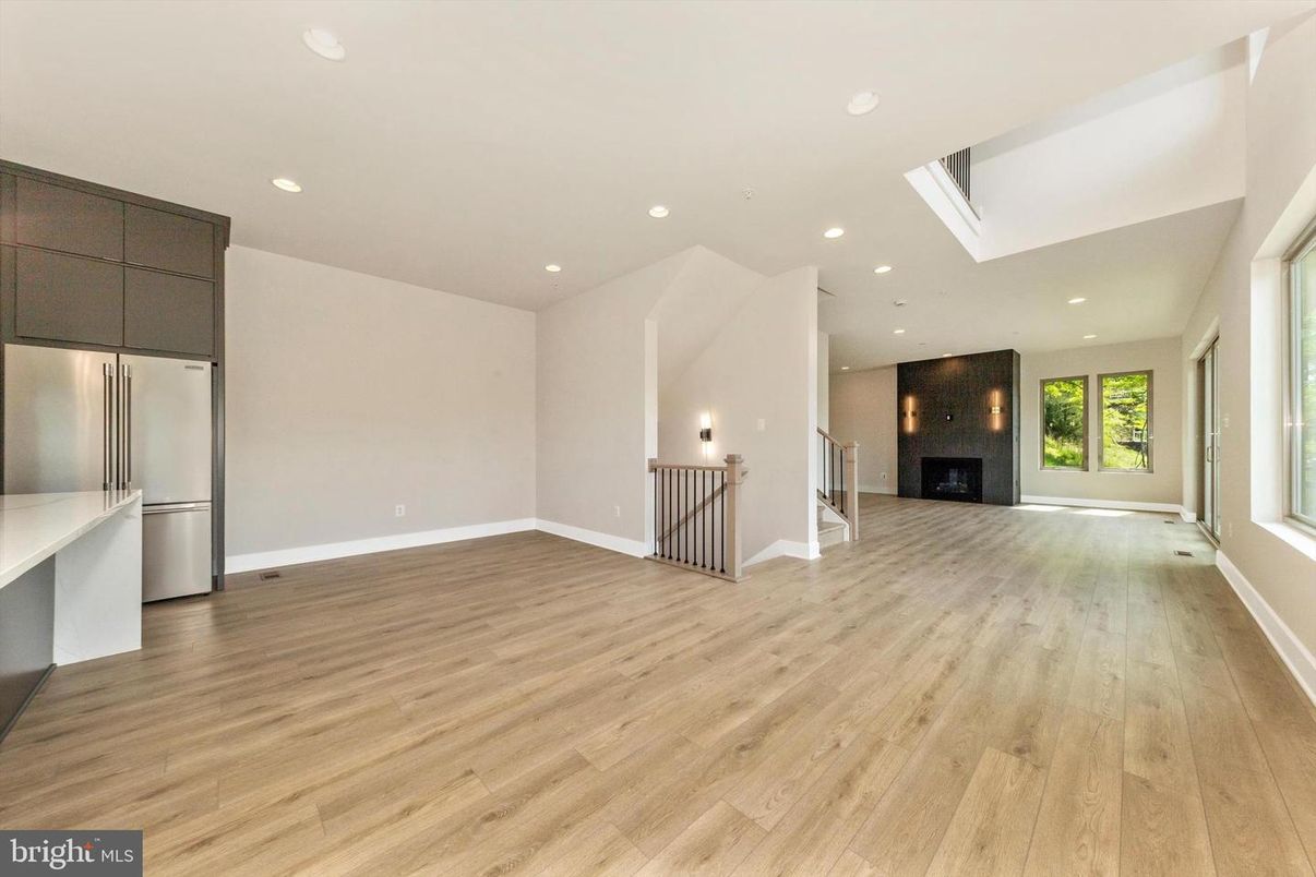 Empty room, Fireplace, Interior, Recessed Lighting, Wood Texture Flooring